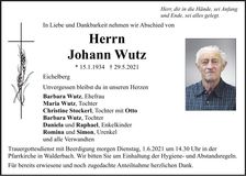 Traueranzeige Johann Wutz