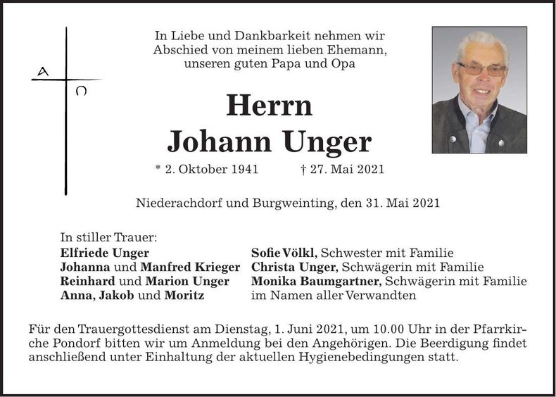Traueranzeige Johann Unger