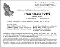 Traueranzeige Maria Petzi