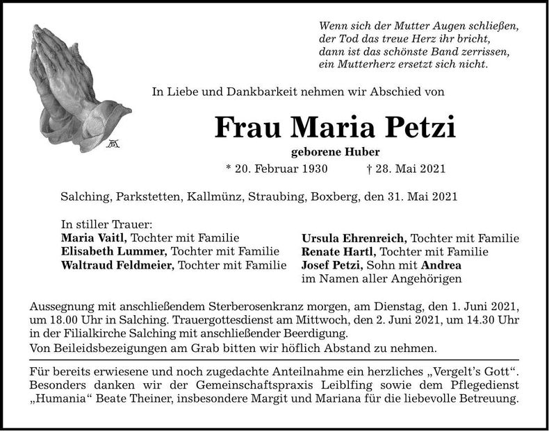 Traueranzeige Maria Petzi