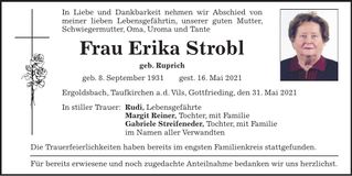 Traueranzeige Erika Strobl