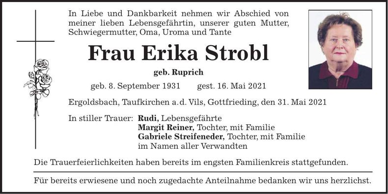 Traueranzeige Erika Strobl