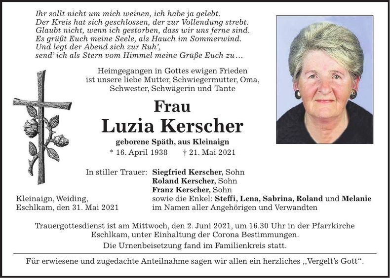 Traueranzeige Luzia Kerscher