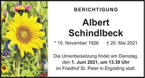 Traueranzeige Albert Schindlbeck