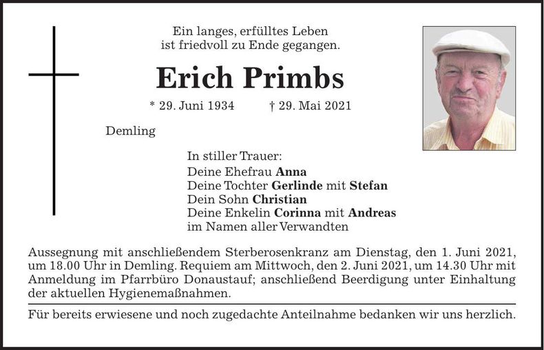 Traueranzeige Erich Primbs