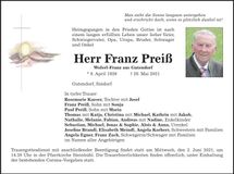 Traueranzeige Franz Preiß