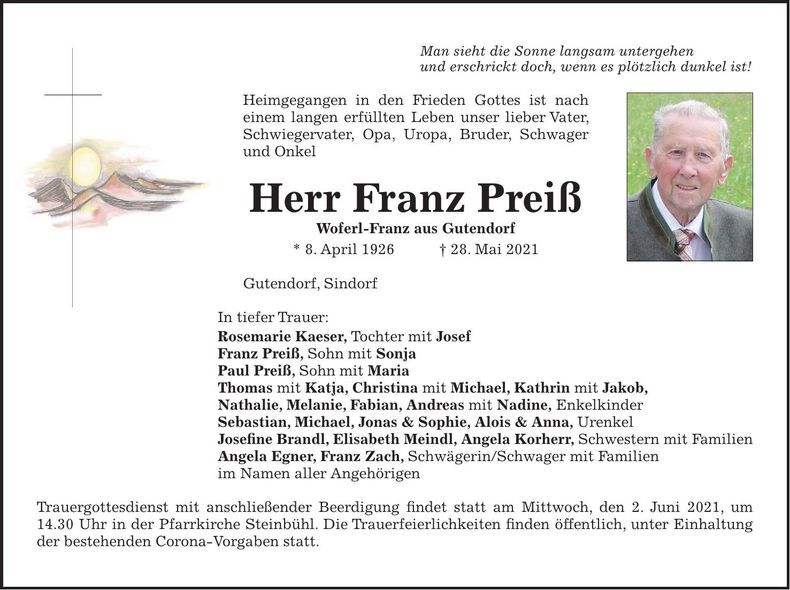 Traueranzeige Franz Preiß