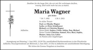 Traueranzeige Maria Wagner