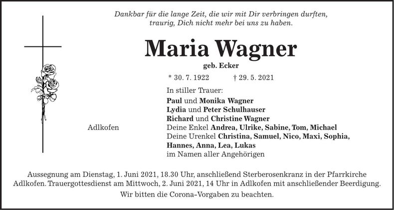 Traueranzeige Maria Wagner