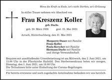 Traueranzeige Kreszenz Koller