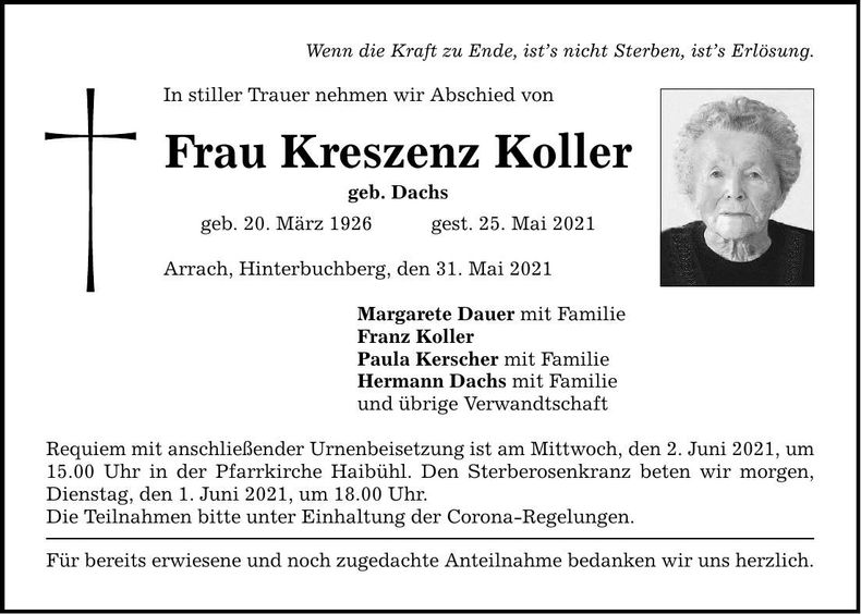 Traueranzeige Kreszenz Koller