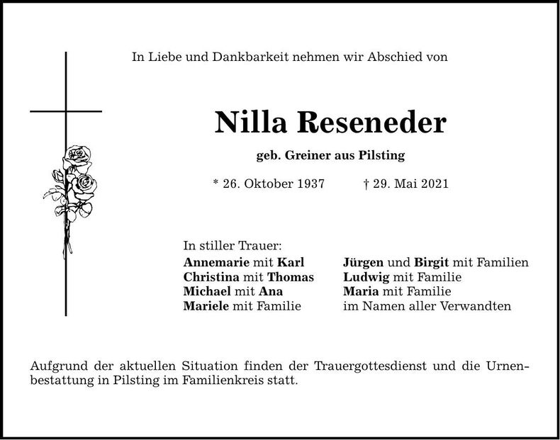 Traueranzeige Nilla Reseneder