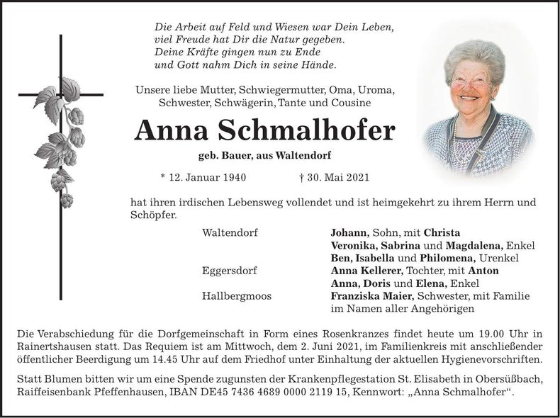 Traueranzeige Anna Schmalhofer