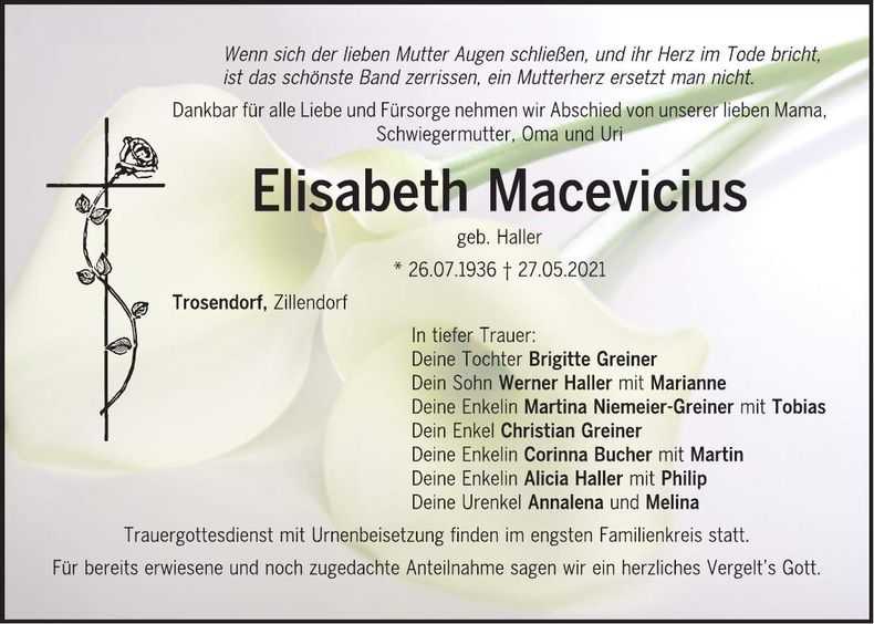 Traueranzeige Elisabeth Macevicius