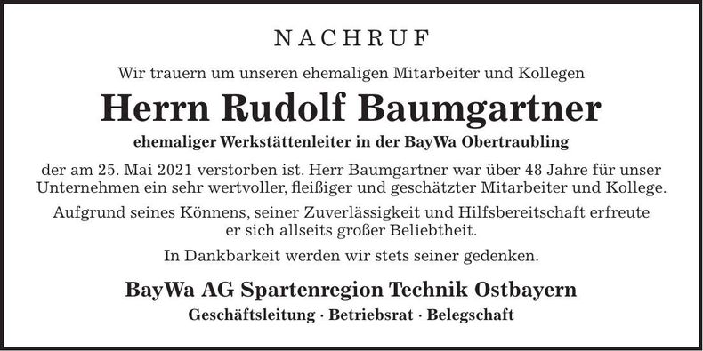 Traueranzeige Rudolf Baumgartner