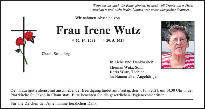 Traueranzeige Irene Wutz