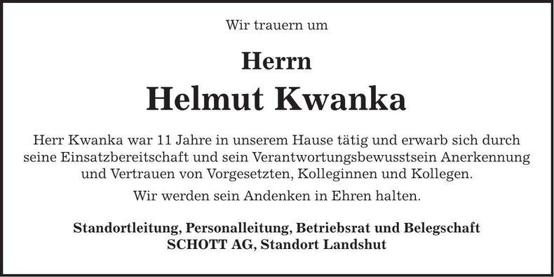 Traueranzeige Helmut Kwanka
