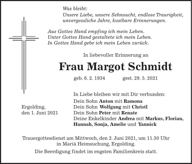 Traueranzeige Margot Schmid
