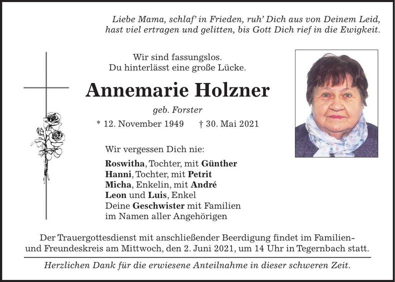 Traueranzeige Annemarie Holzner