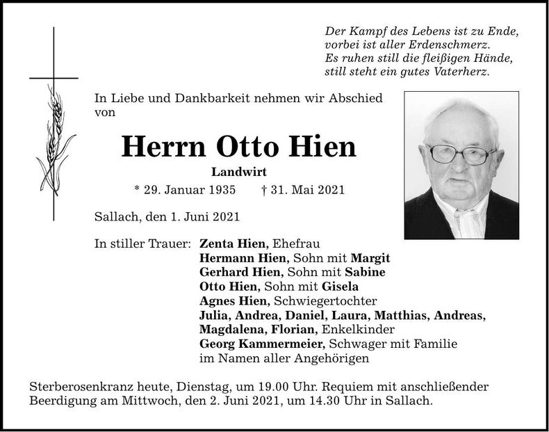 Traueranzeige Otto Hien