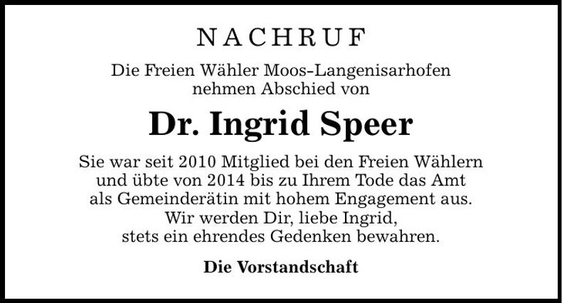 Traueranzeige Ingrid Speer