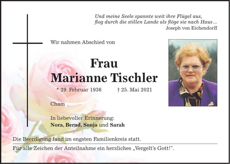 Traueranzeige Marianne Tischler
