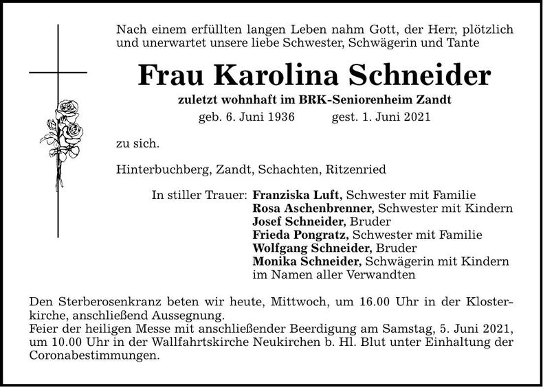 Traueranzeige Karolina Schneider