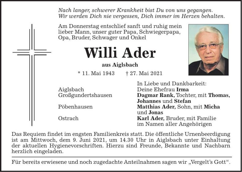 Traueranzeige Willi Ader