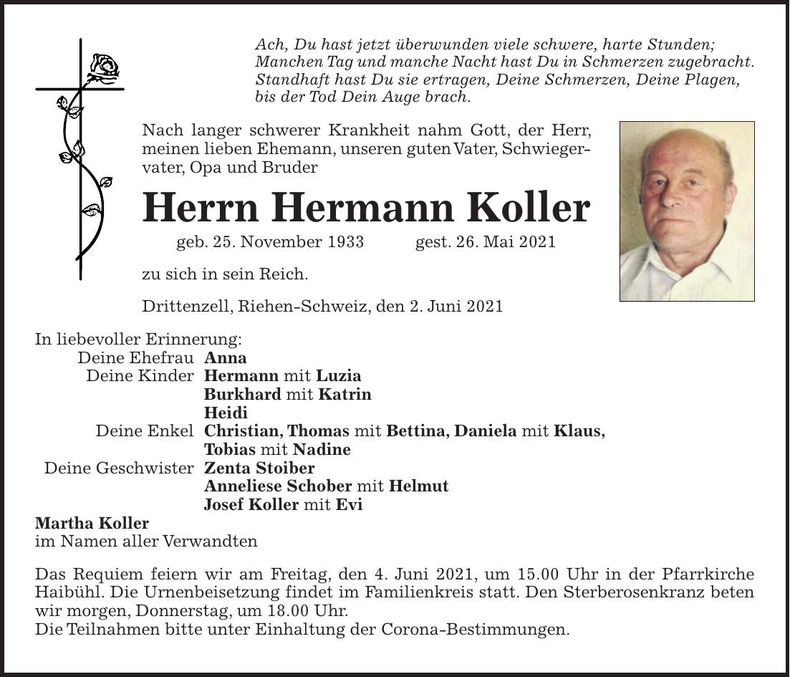 Traueranzeige Hermann Koller