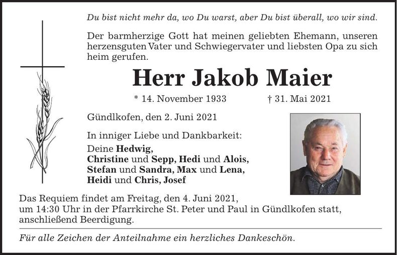 Traueranzeige Jakob Maier