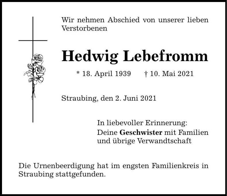 Traueranzeige Hedwig Lebefromm