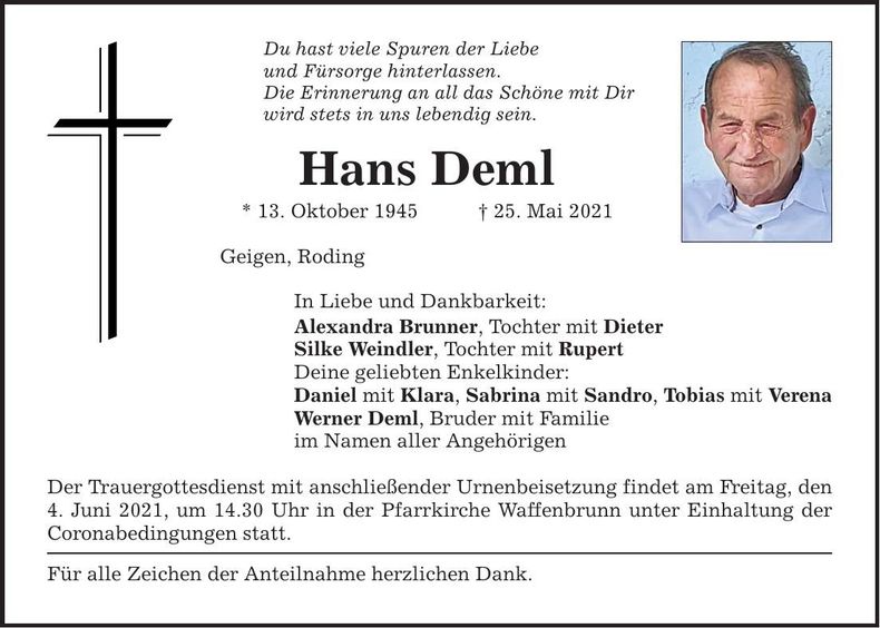 Traueranzeige Hans Deml