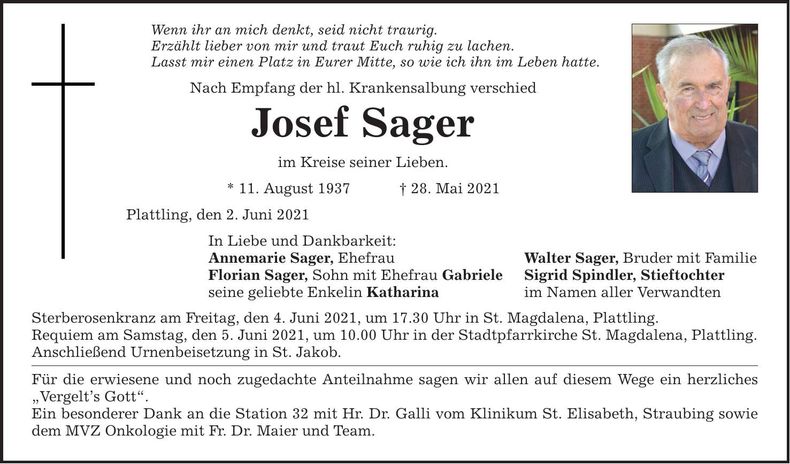 Traueranzeige Josef Sager