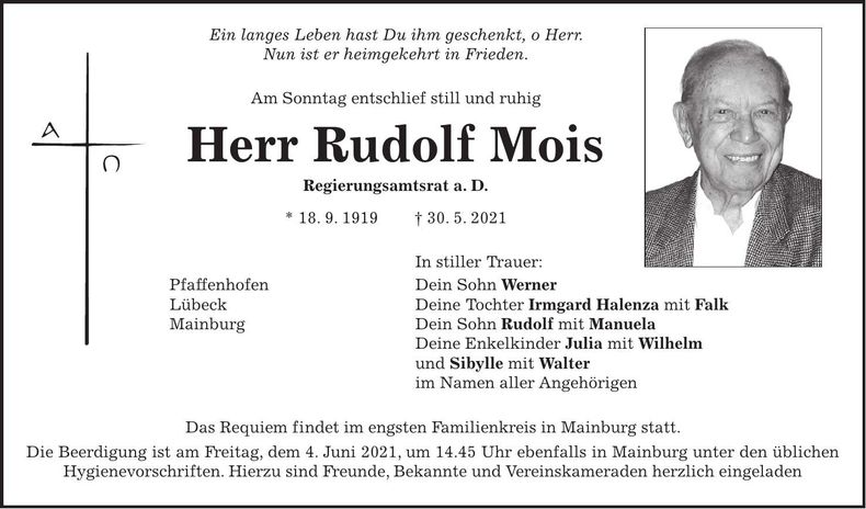Traueranzeige Rudolf Mois