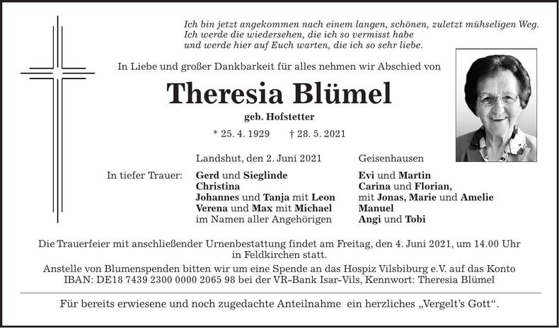 Traueranzeige Theresia Blümel