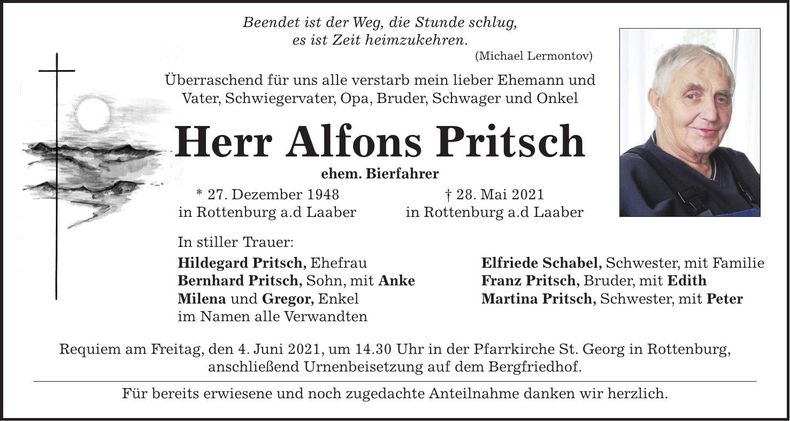 Traueranzeige Alfons Pritsch