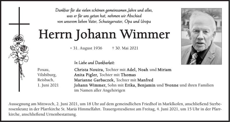 Traueranzeige Johann Wimmer