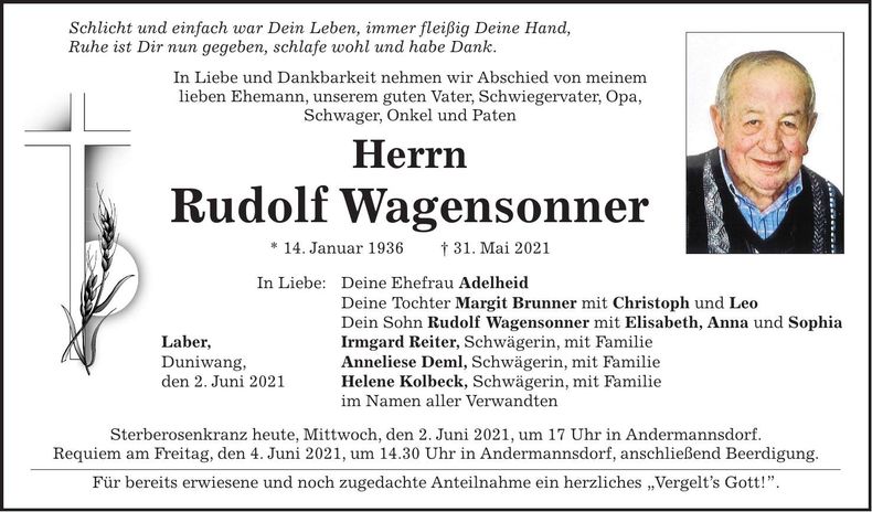 Traueranzeige Rudolf Wagensonner