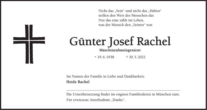 Traueranzeige Günter Josef Rachel