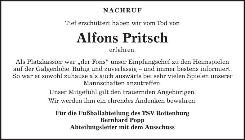 Traueranzeige Alfons Pritsch