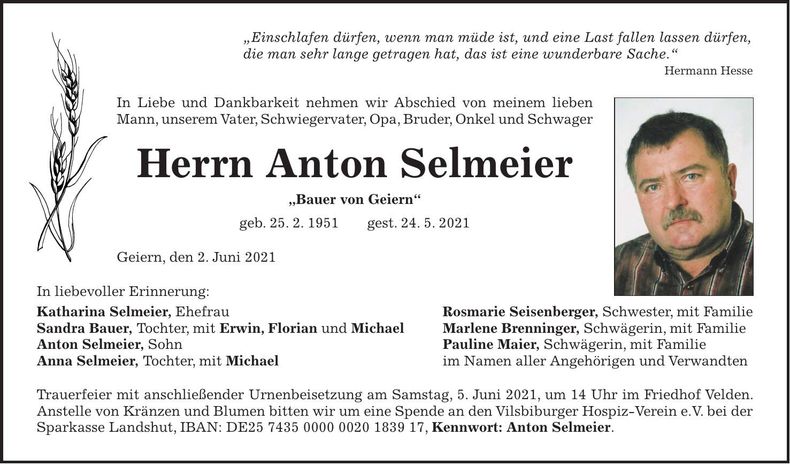 Traueranzeige Anton Selmeier