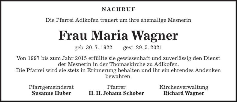 Traueranzeige Maria Wagner