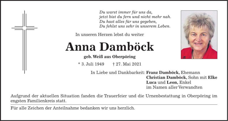 Traueranzeige Anna Damböck