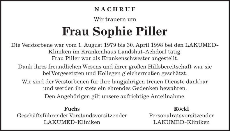Traueranzeige Sophie Piller
