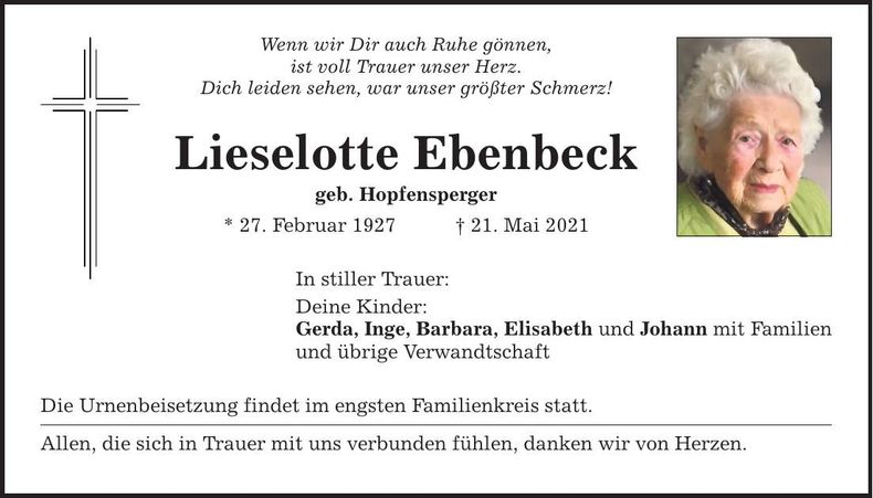 Traueranzeige Lieselotte Ebenbeck