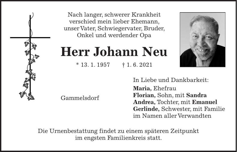 Traueranzeige Johann Neu