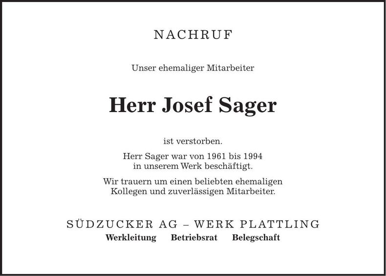 Traueranzeige Josef Sager