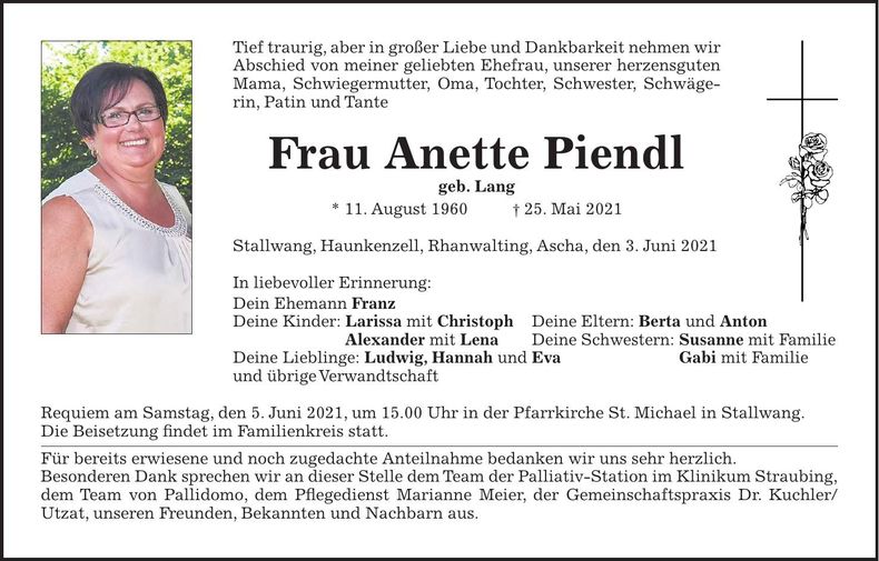 Traueranzeige Anette Piendl