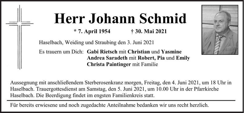 Traueranzeige Johann Schmid