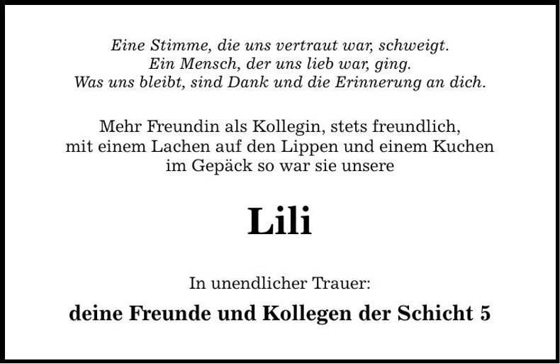 Traueranzeige Lili Lili